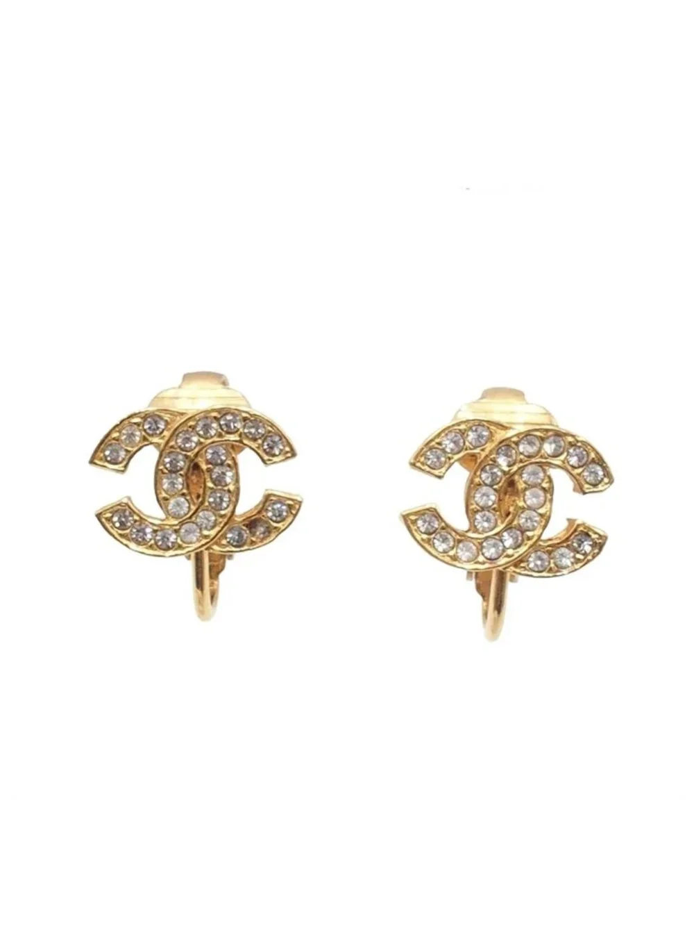 Chanel Earrings Gold Metal CC Logo Rhinestone Costume Vintage